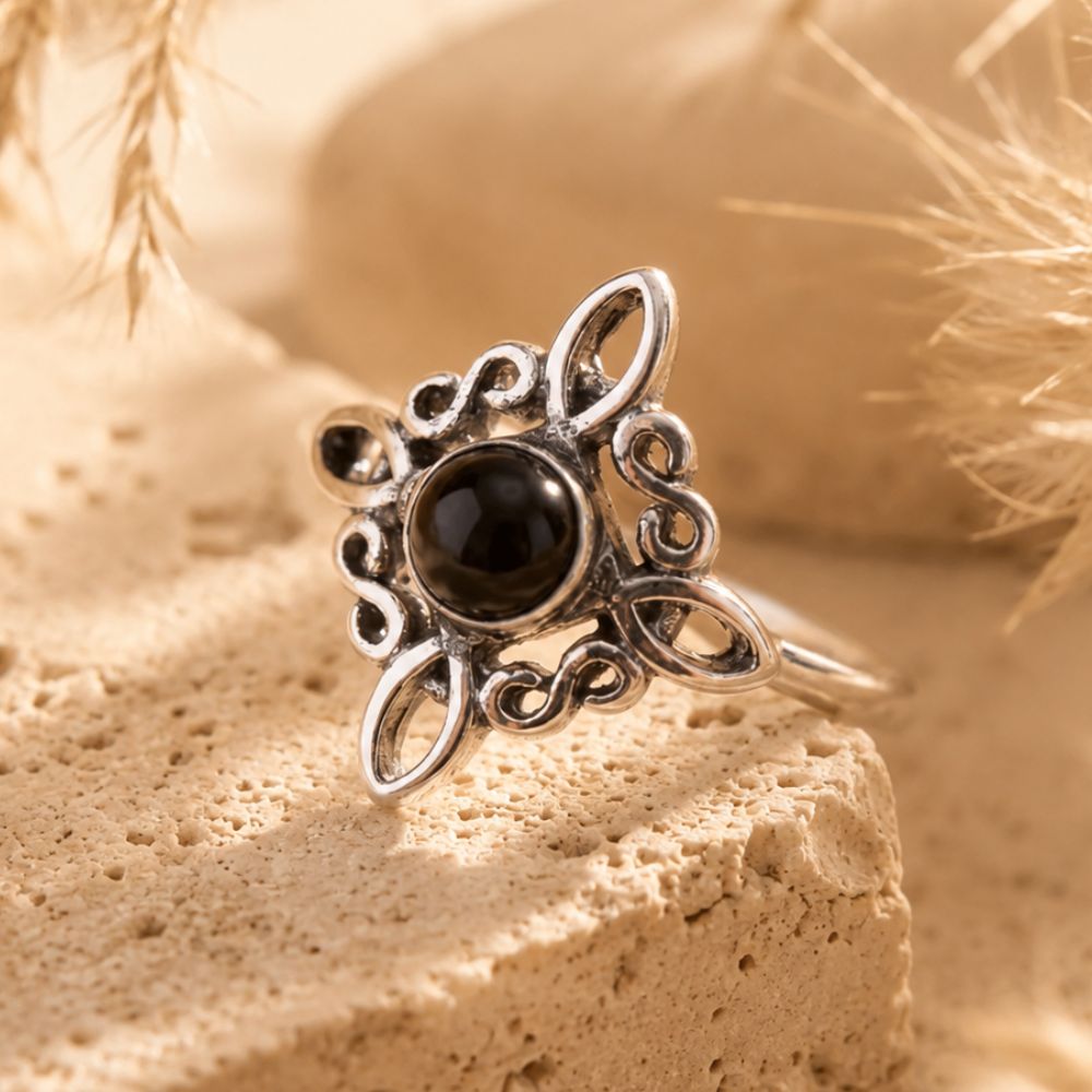 Bague Nœud de Sorcière Argent et Obsidienne