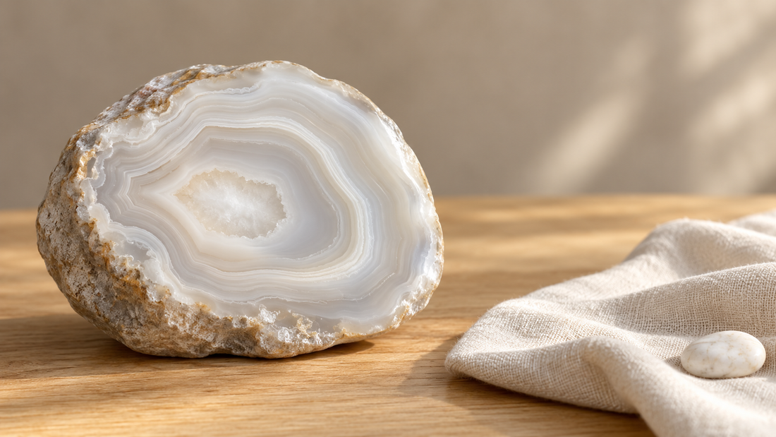 Illustration d’un nodule d’agate blanche aux bandes ivoire et gris clair, posé sur du bois près d’un tissu en lin.
