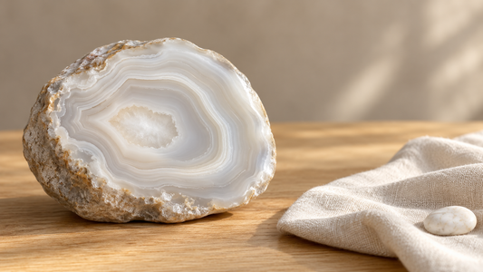 Illustration d’un nodule d’agate blanche aux bandes ivoire et gris clair, posé sur du bois près d’un tissu en lin.