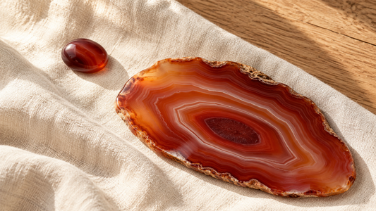 Illustration d’une tranche d’agate rouge aux bandes orangées et crème, accompagnée d’un galet sur du lin ivoire.