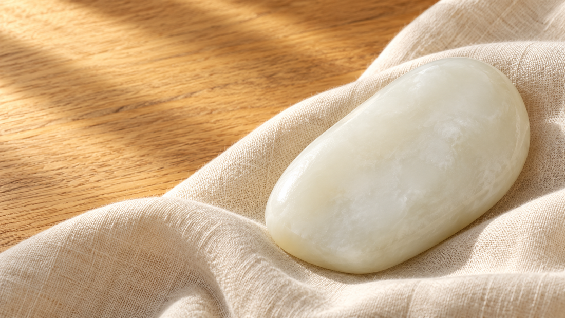Illustration d’un galet de jade blanc poli aux nuances ivoire, posé dans les plis d’un tissu en lin sur du bois clair.