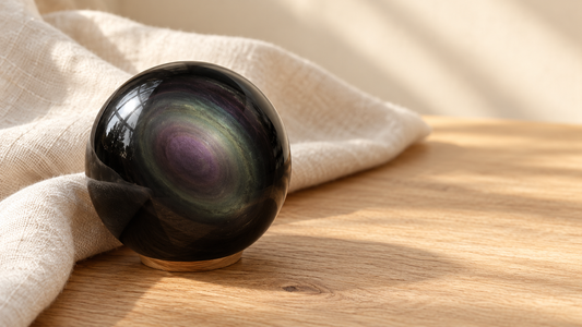 Illustration d’une obsidienne œil céleste polie aux reflets violets et verts, sur du bois clair et du lin ivoire.