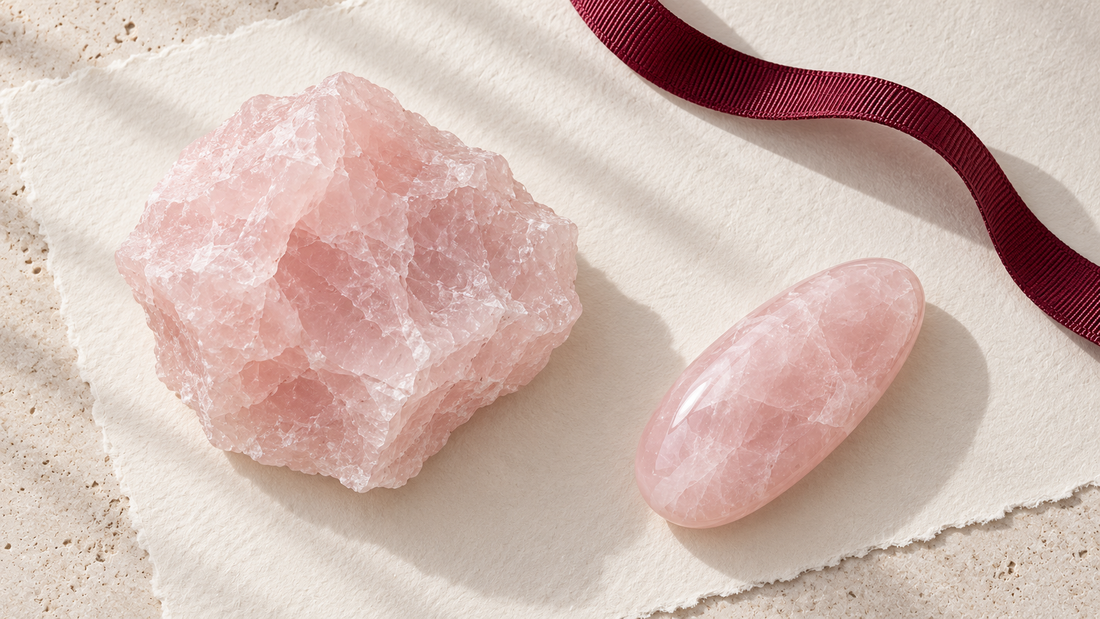 Composition illustrée de quartz rose brut et poli sur du papier ivoire, accompagnés d’un ruban bordeaux.