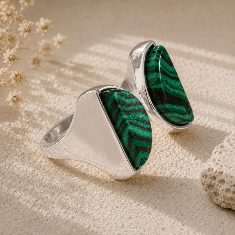 Bague Malachite Argentée Ajustable