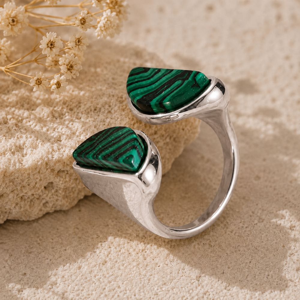 Bague Malachite Argentée Ajustable