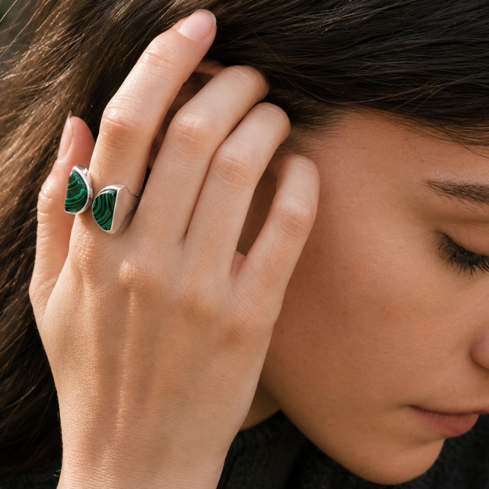 Bague Malachite Argentée Ajustable