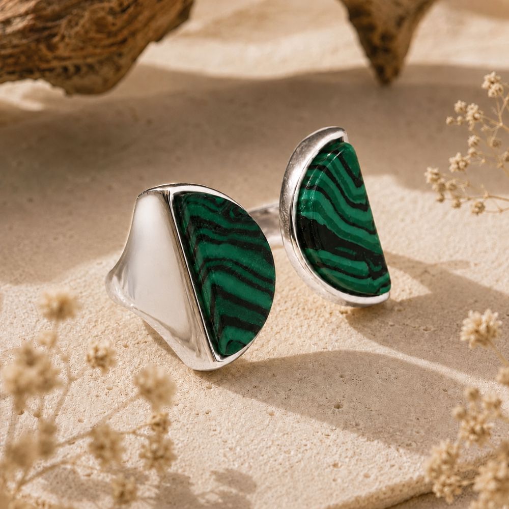 Bague Malachite Argentée Ajustable
