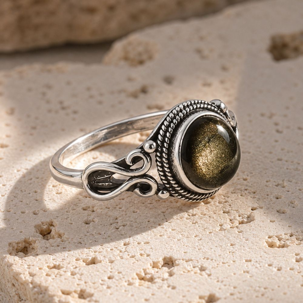 Bague Obsidienne Dorée en Argent 925
