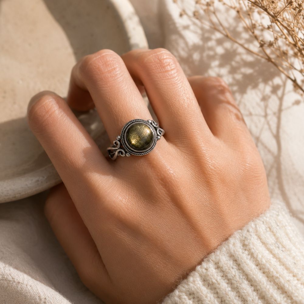 Bague Obsidienne Dorée en Argent 925