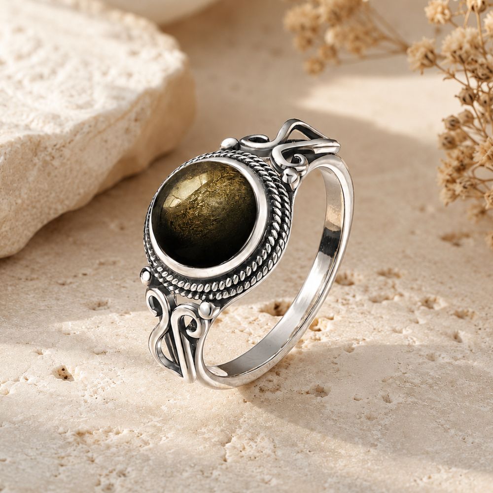 Bague Obsidienne Dorée en Argent 925