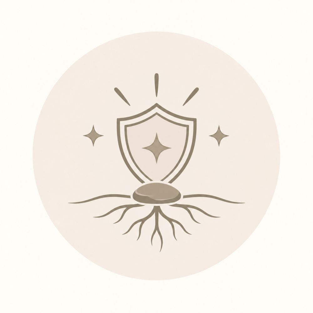 Bouclier au-dessus de racines, symbole de protection et d’ancrage